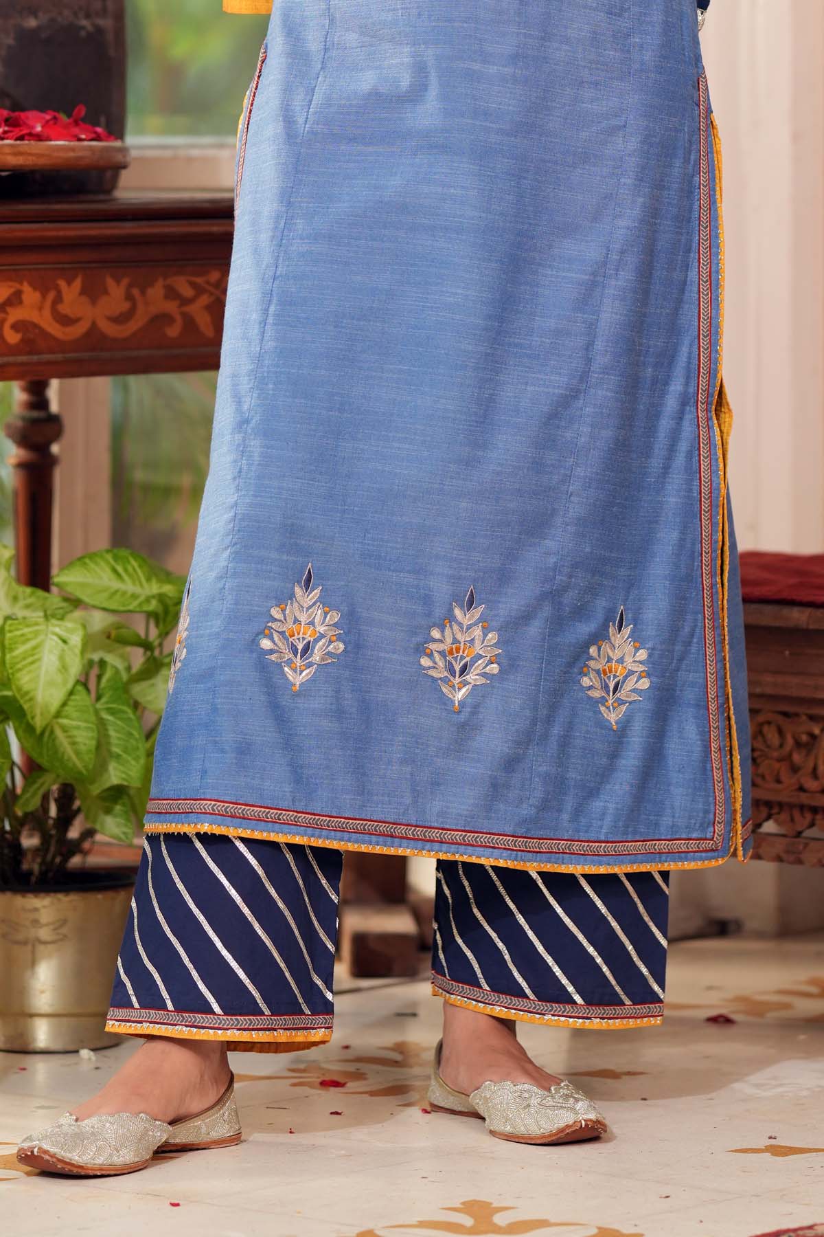 Navy Blue Straight Fit Pant With Gota Work