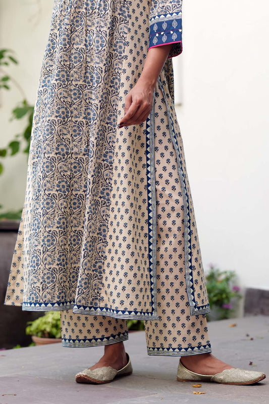Beige & Blue Printed Cotton Pants