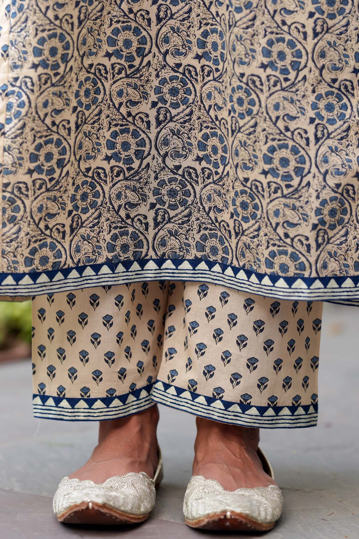 Beige & Blue Printed Cotton Pants