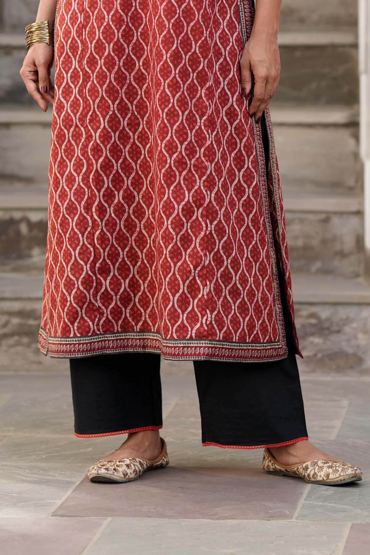 Black Straight Fit Pants with Red Lace