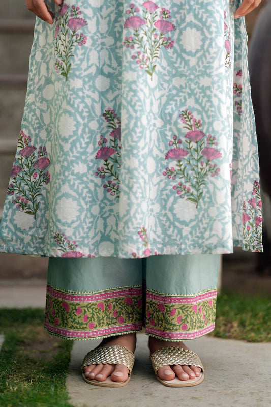 Sea Green Cotton Pants with Border
