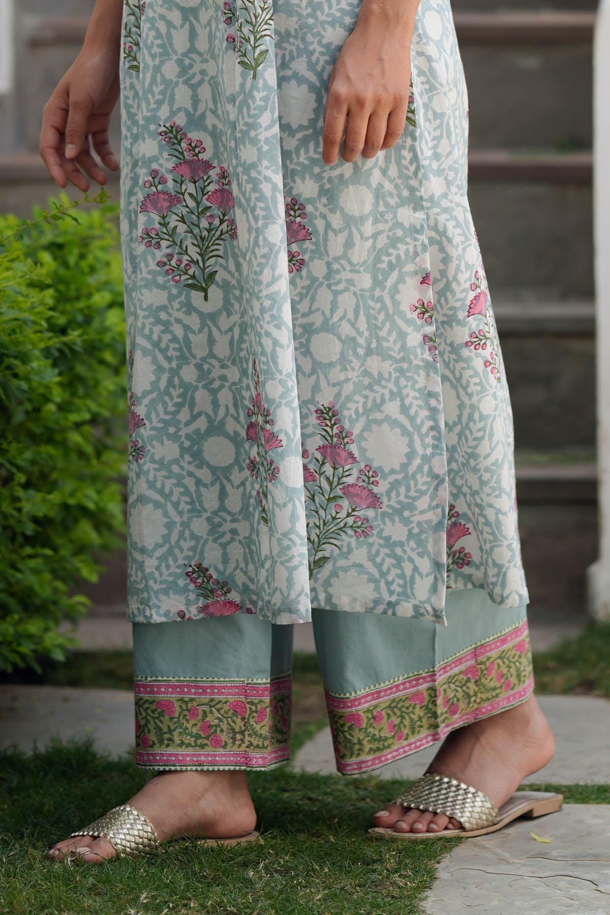 Sea Green Cotton Pants with Border