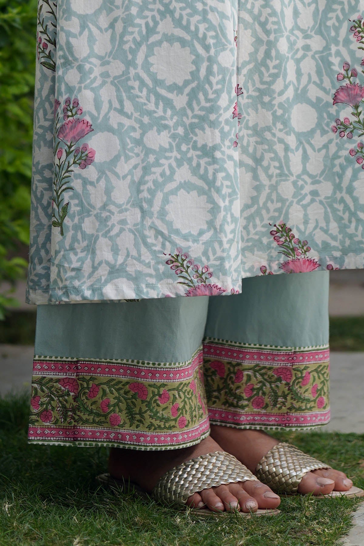 Sea Green Cotton Pants with Border