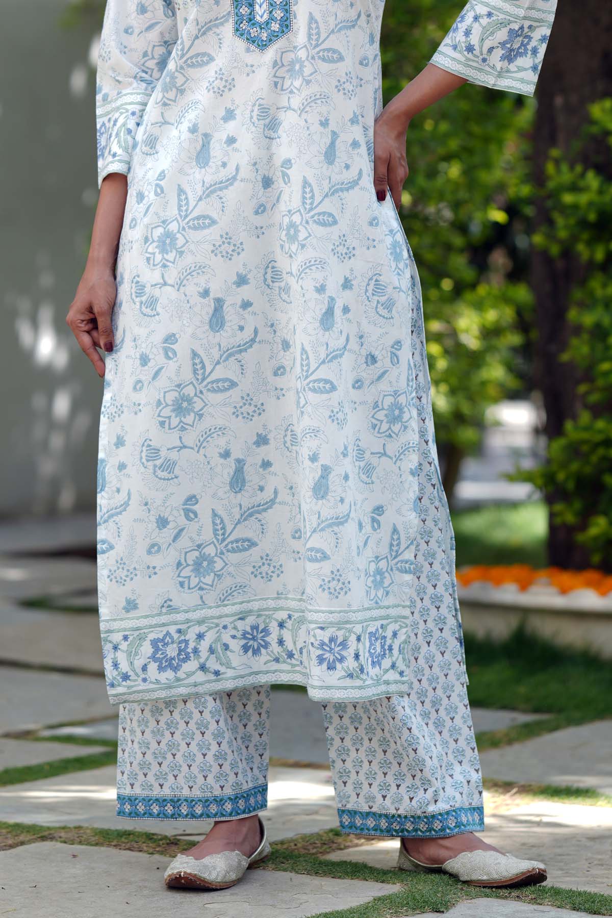 White Handblock Printed Cotton Pants