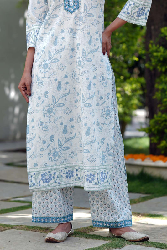 White Handblock Printed Cotton Pants
