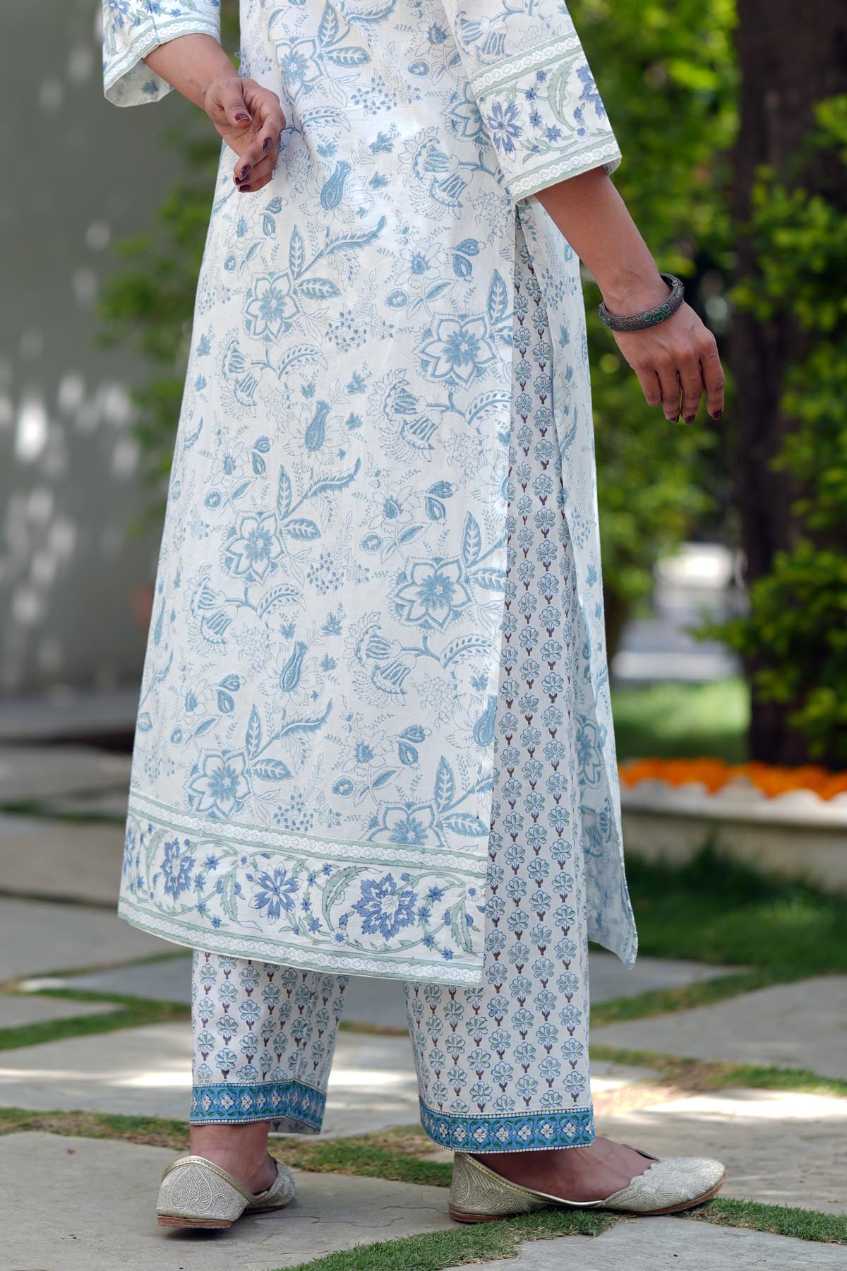 White Handblock Printed Cotton Pants