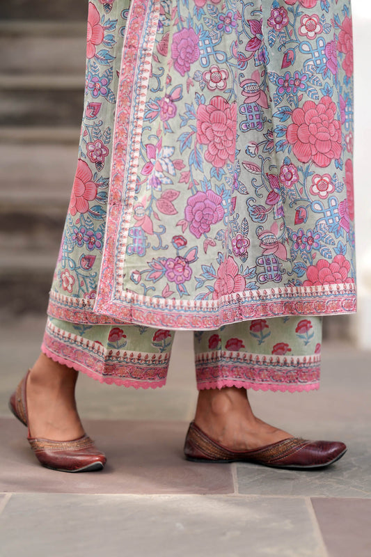 Aqua Green Handblock Printed Pants