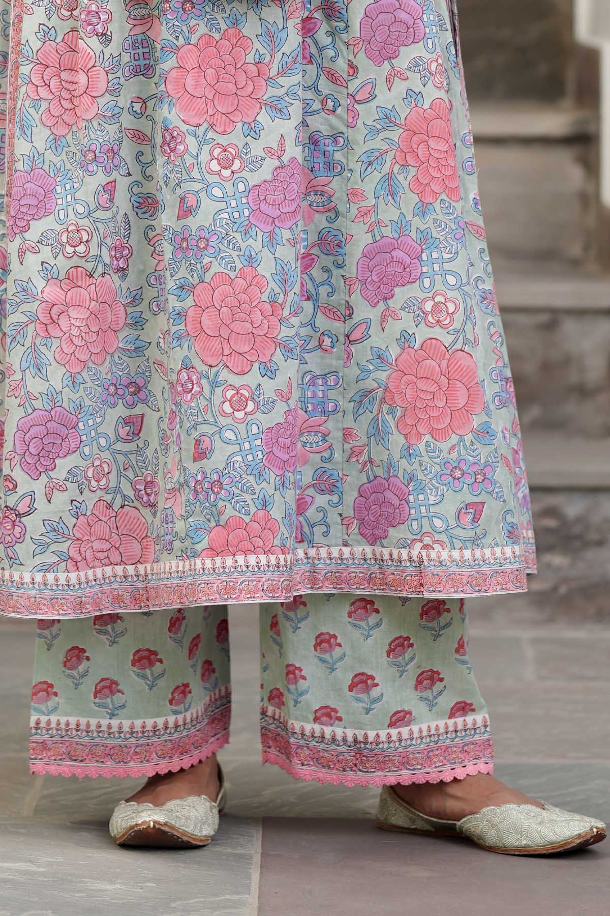 Aqua Green Handblock Printed Pants