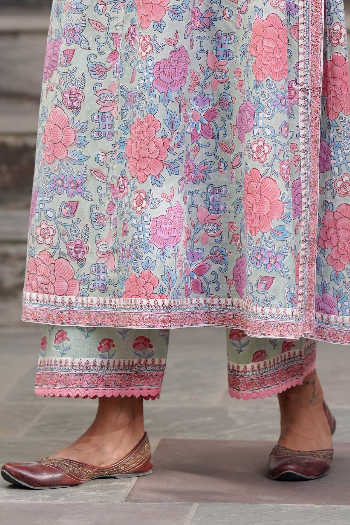 Aqua Green Handblock Printed Pants