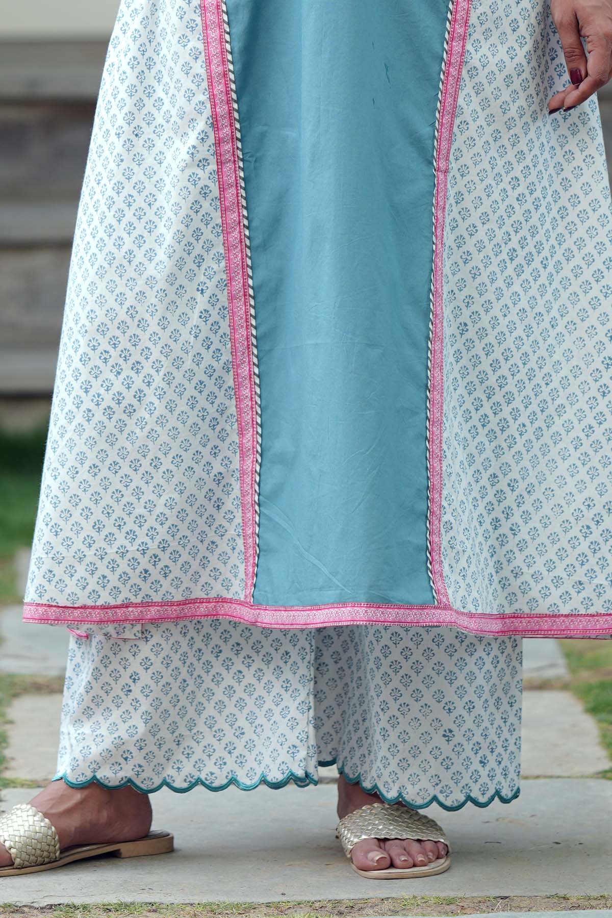 White & Blue Handblock Printed Pants