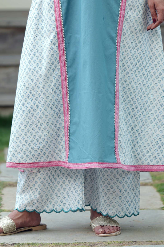 White & Blue Handblock Printed Pants