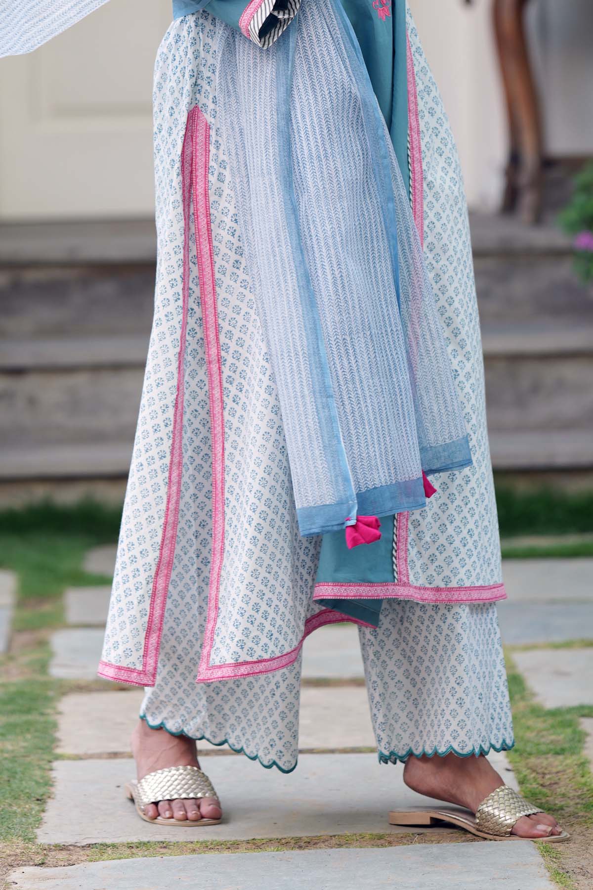 White & Blue Handblock Printed Pants