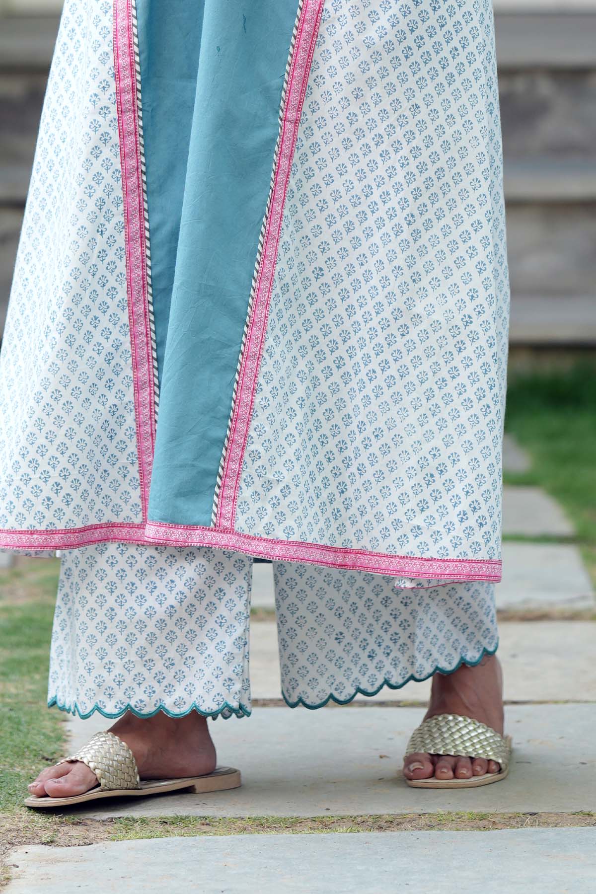 White & Blue Handblock Printed Pants