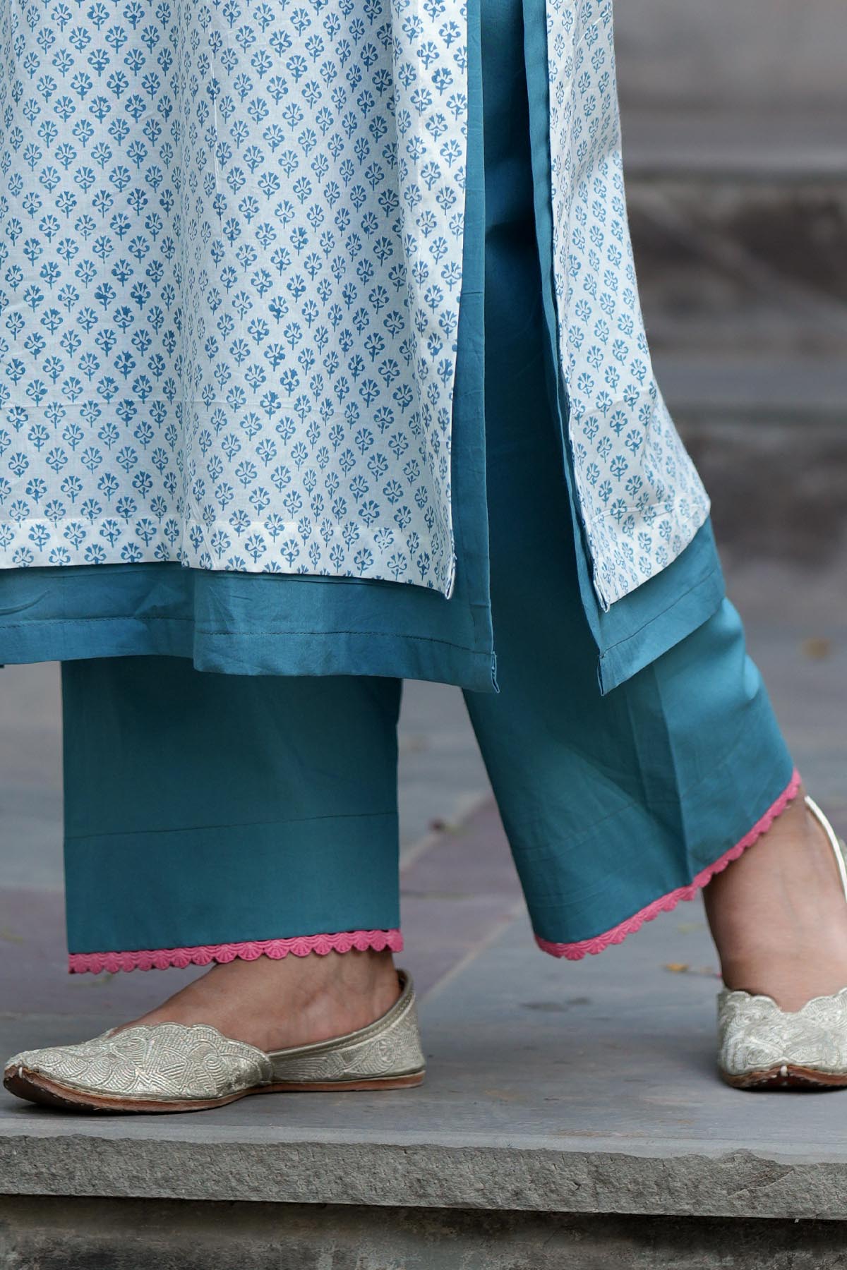 Solid Blue Pants with Lace Detailing