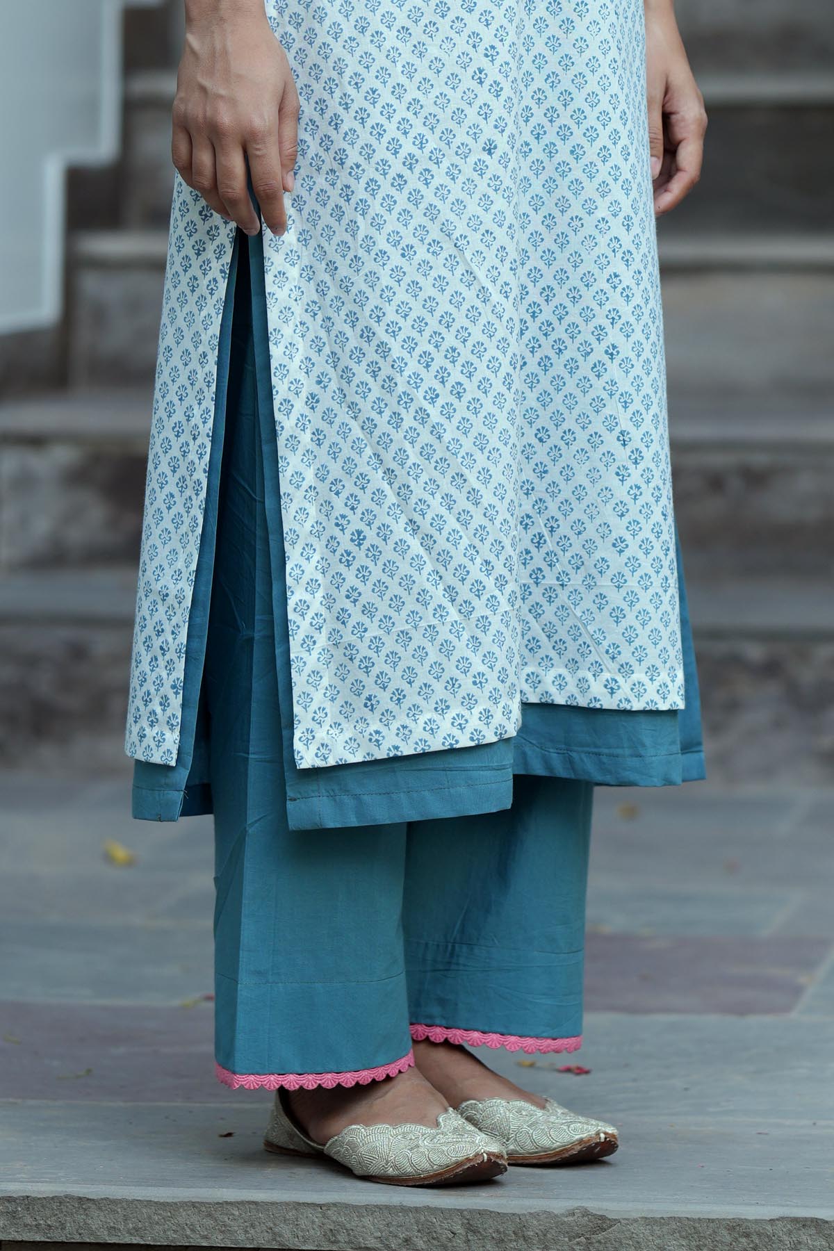 Solid Blue Pants with Lace Detailing