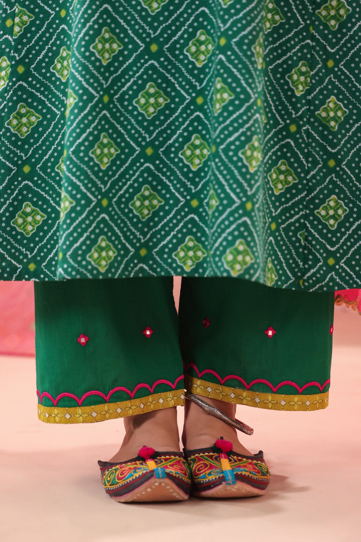 Green Cotton Straight Fit Pants with Embroidered Border
