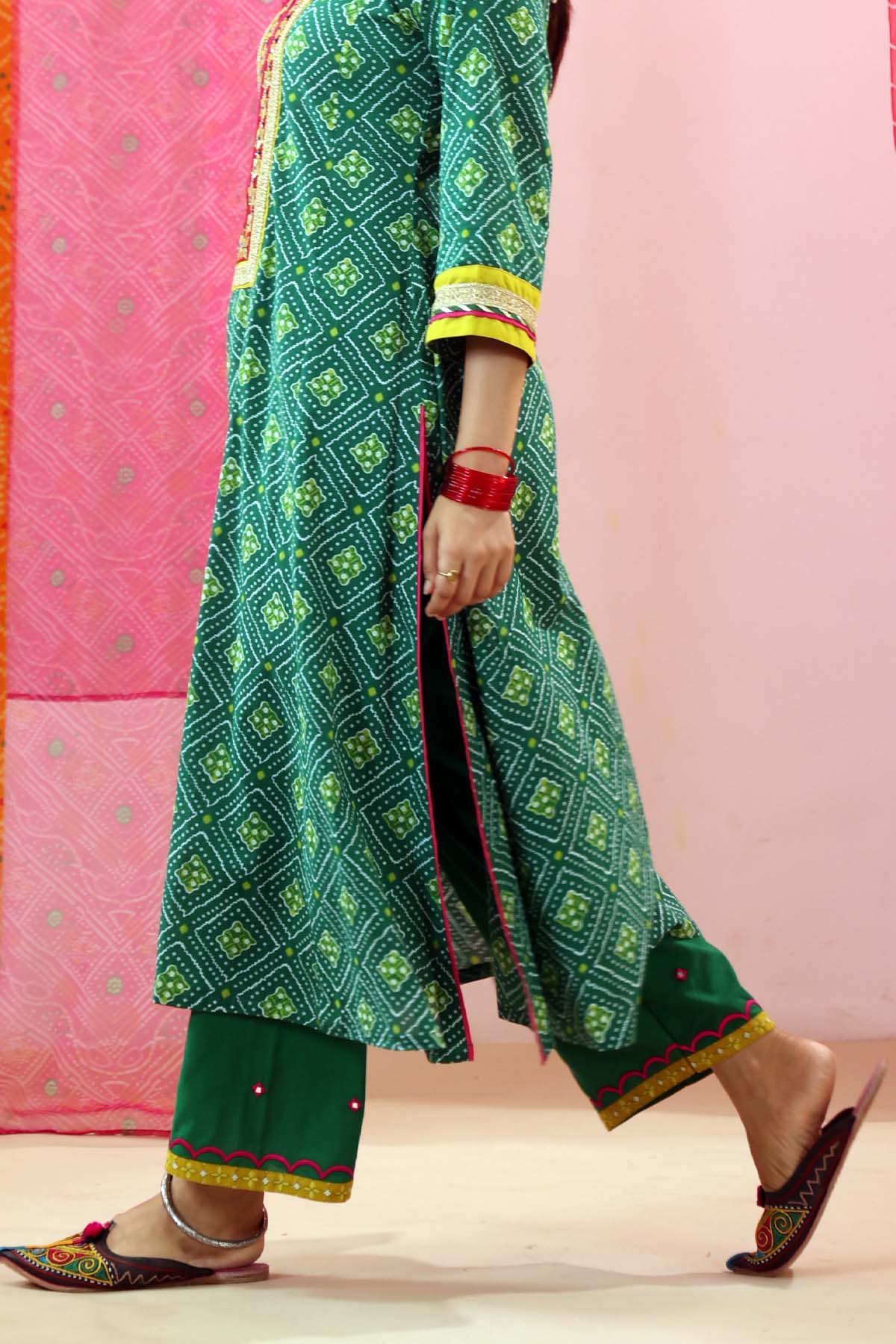 Green Cotton Straight Fit Pants with Embroidered Border