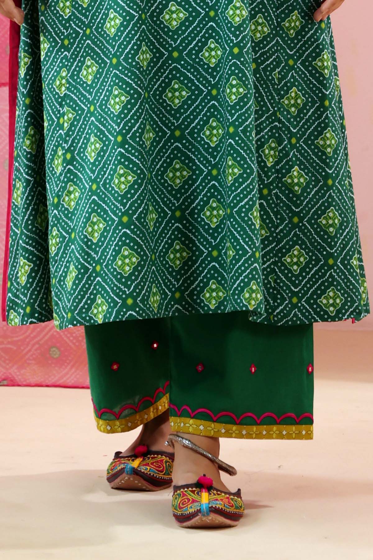Green Cotton Straight Fit Pants with Embroidered Border