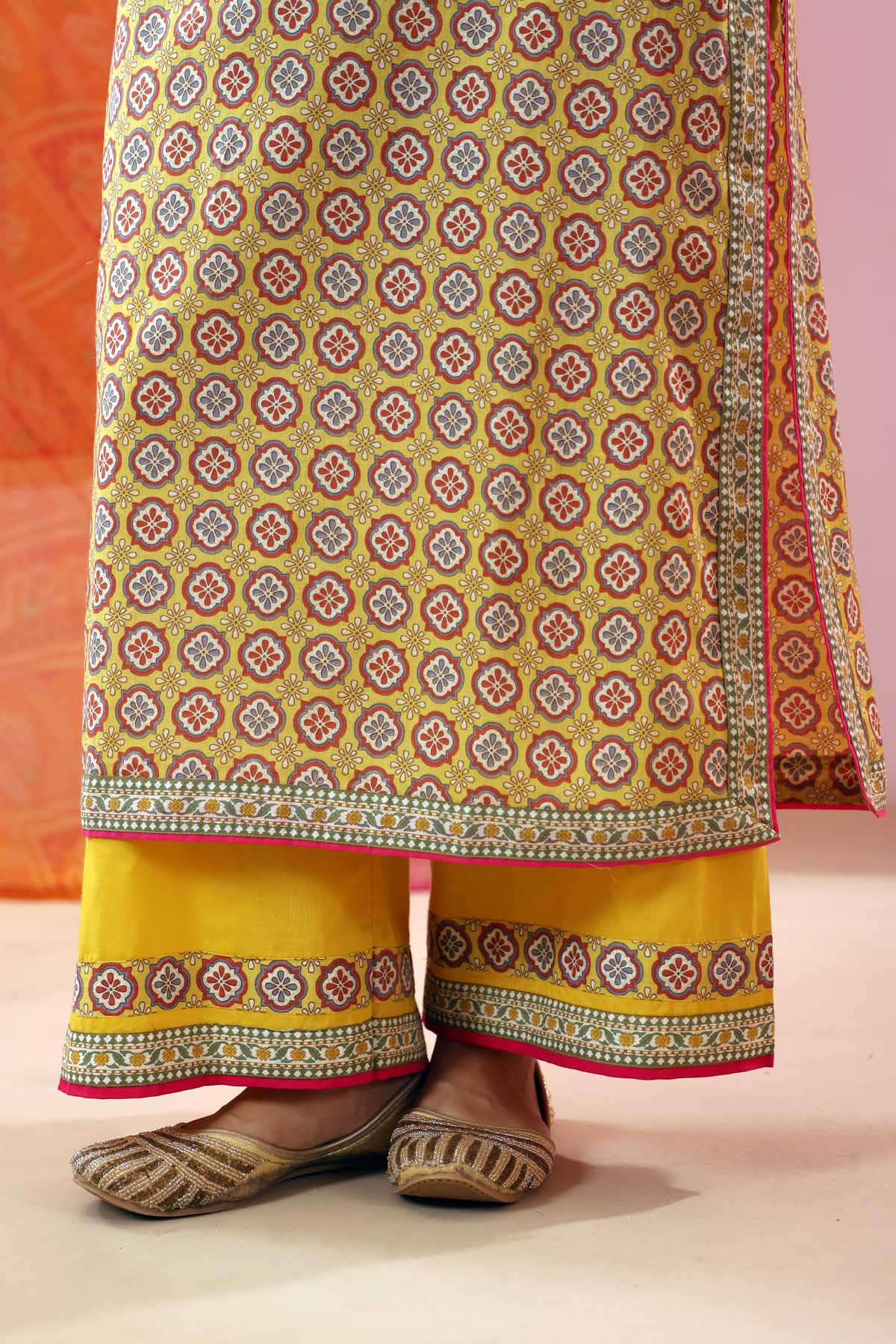 Yellow Cotton Straight Fit Pants with Printed Border