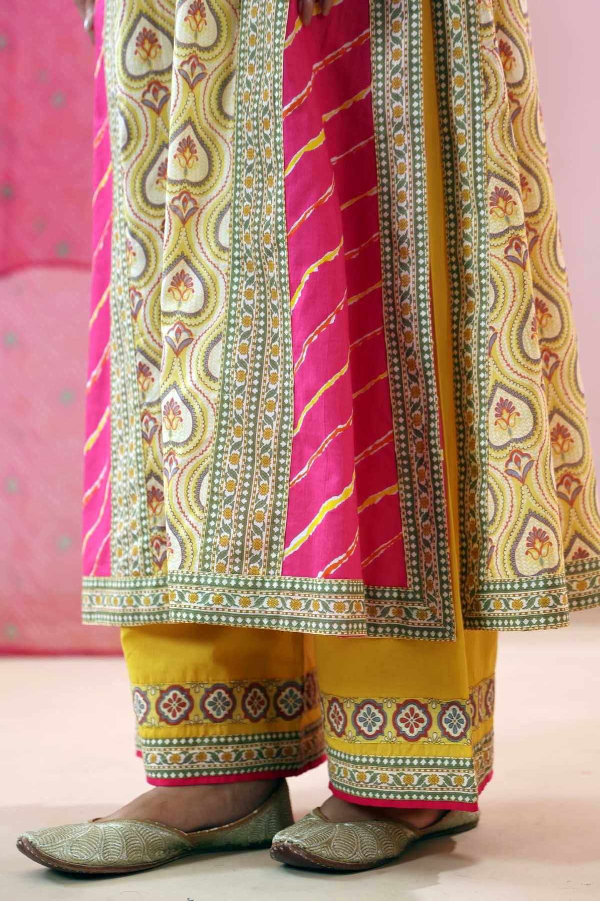 Yellow Cotton Straight Fit Pants with Printed Border
