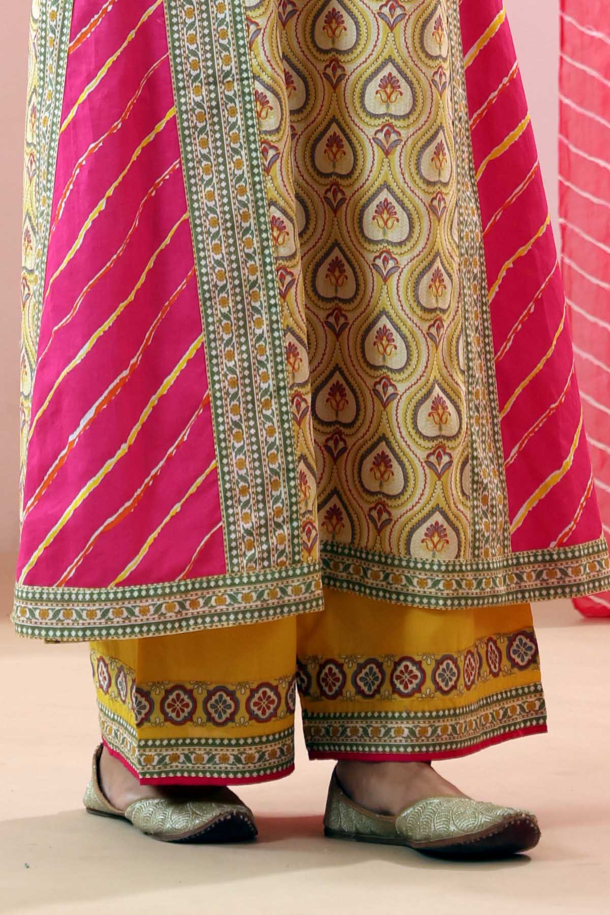 Yellow Cotton Straight Fit Pants with Printed Border