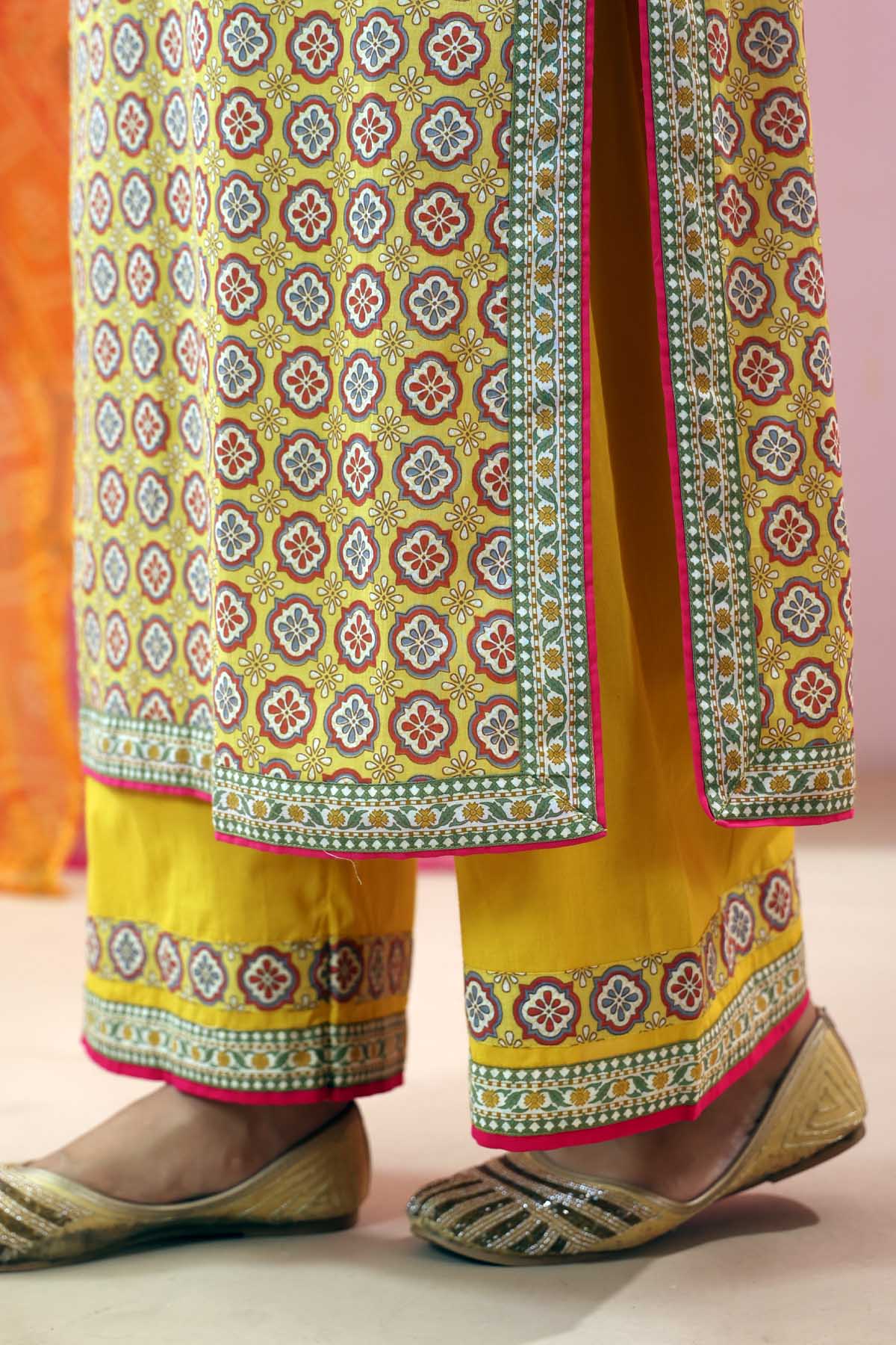 Yellow Cotton Straight Fit Pants with Printed Border