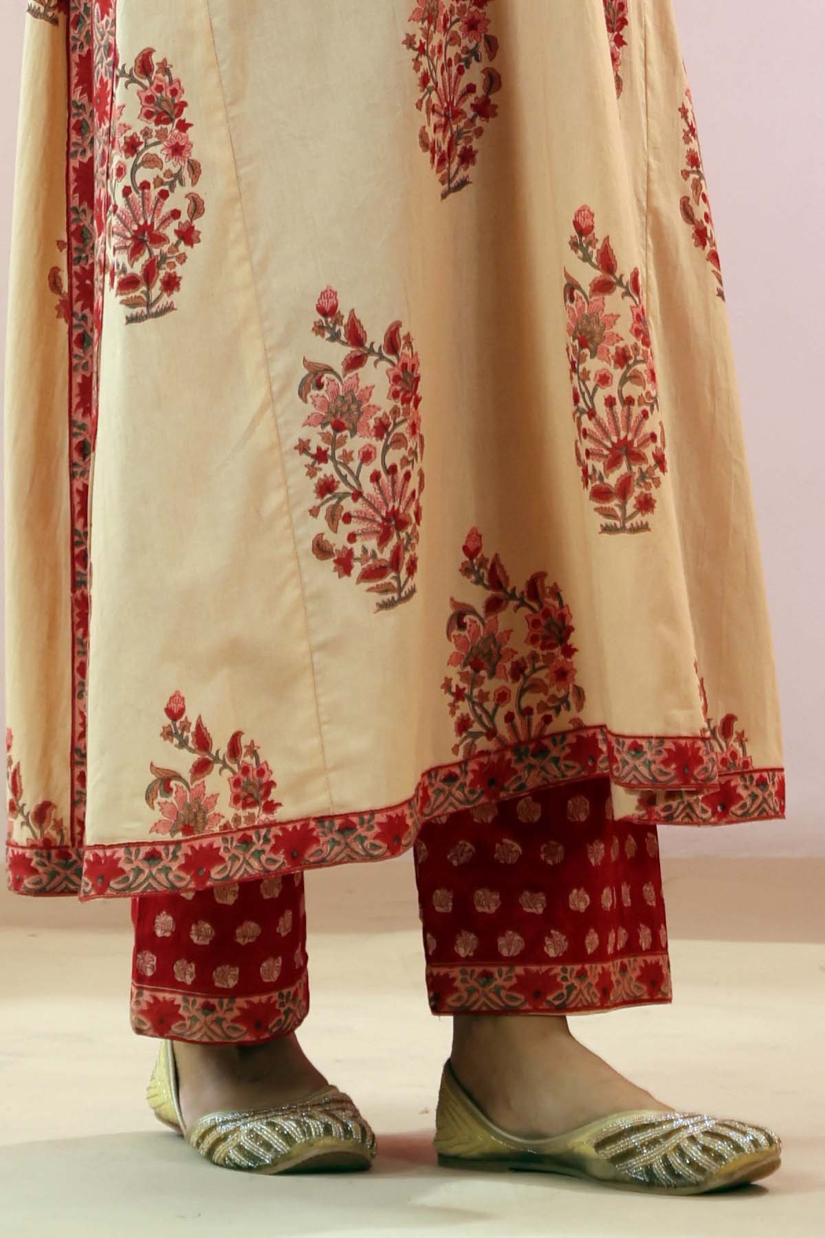 Red Handblock Cotton Straight Fit Pants