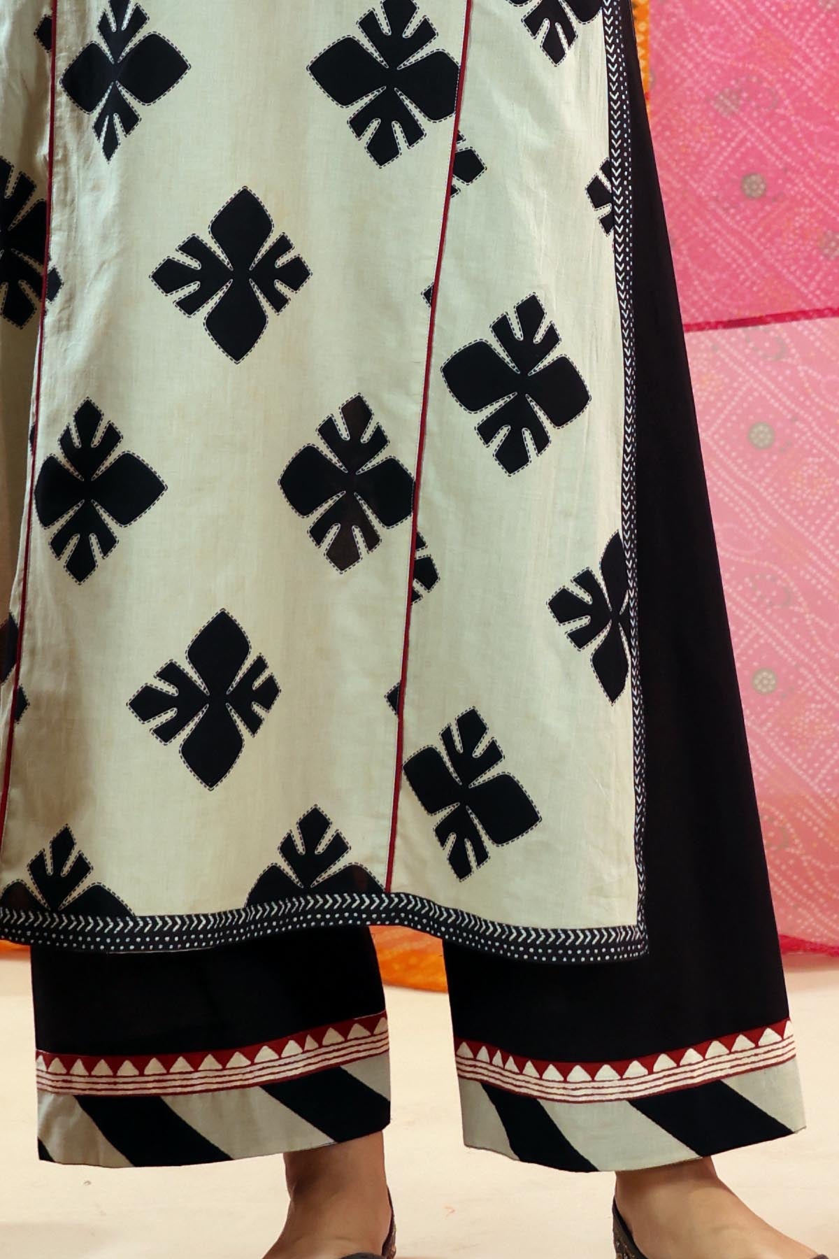 Black Cotton Straight Fit Pants with Striped Border