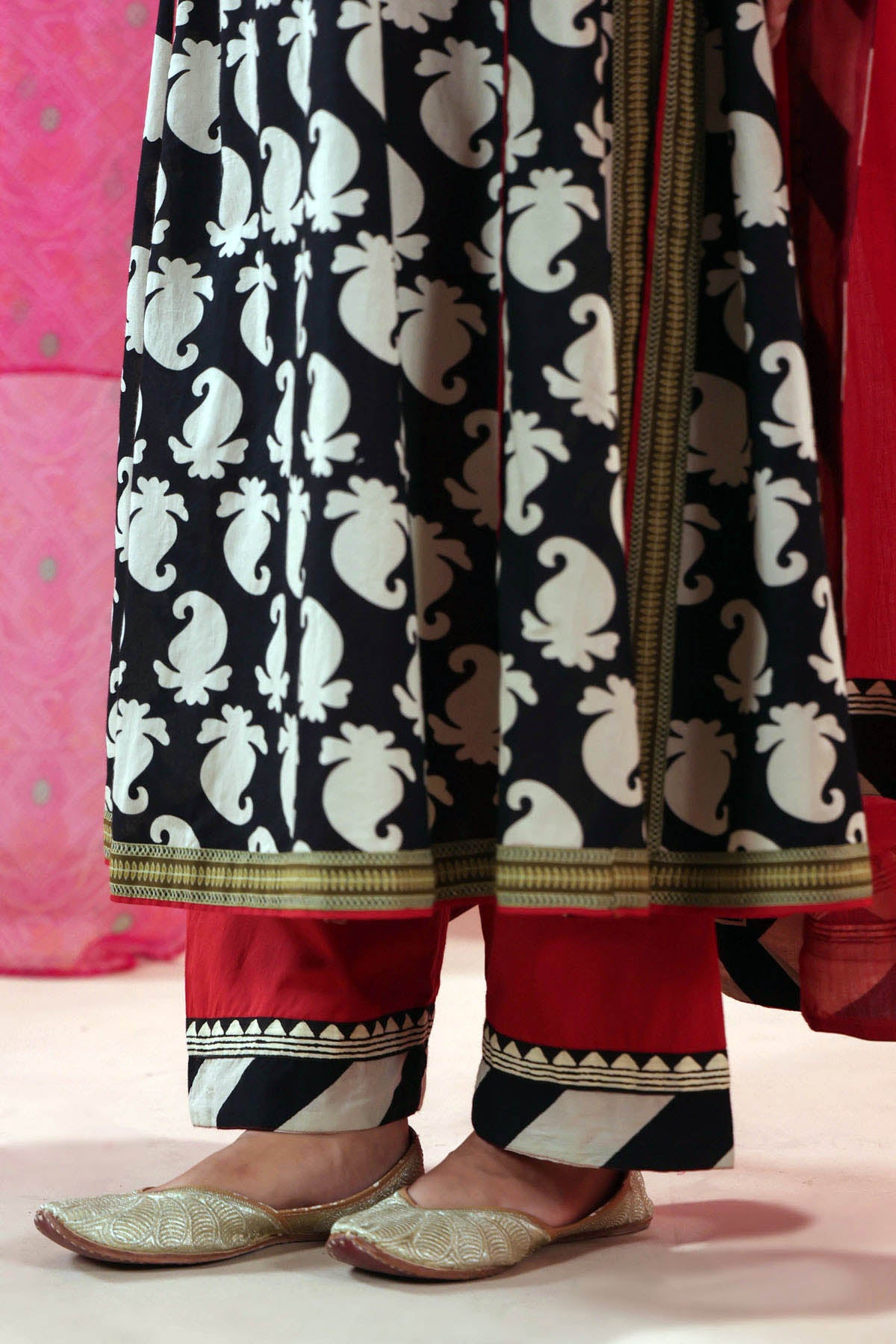 Red Cotton Straight Fit Pants with Striped Border