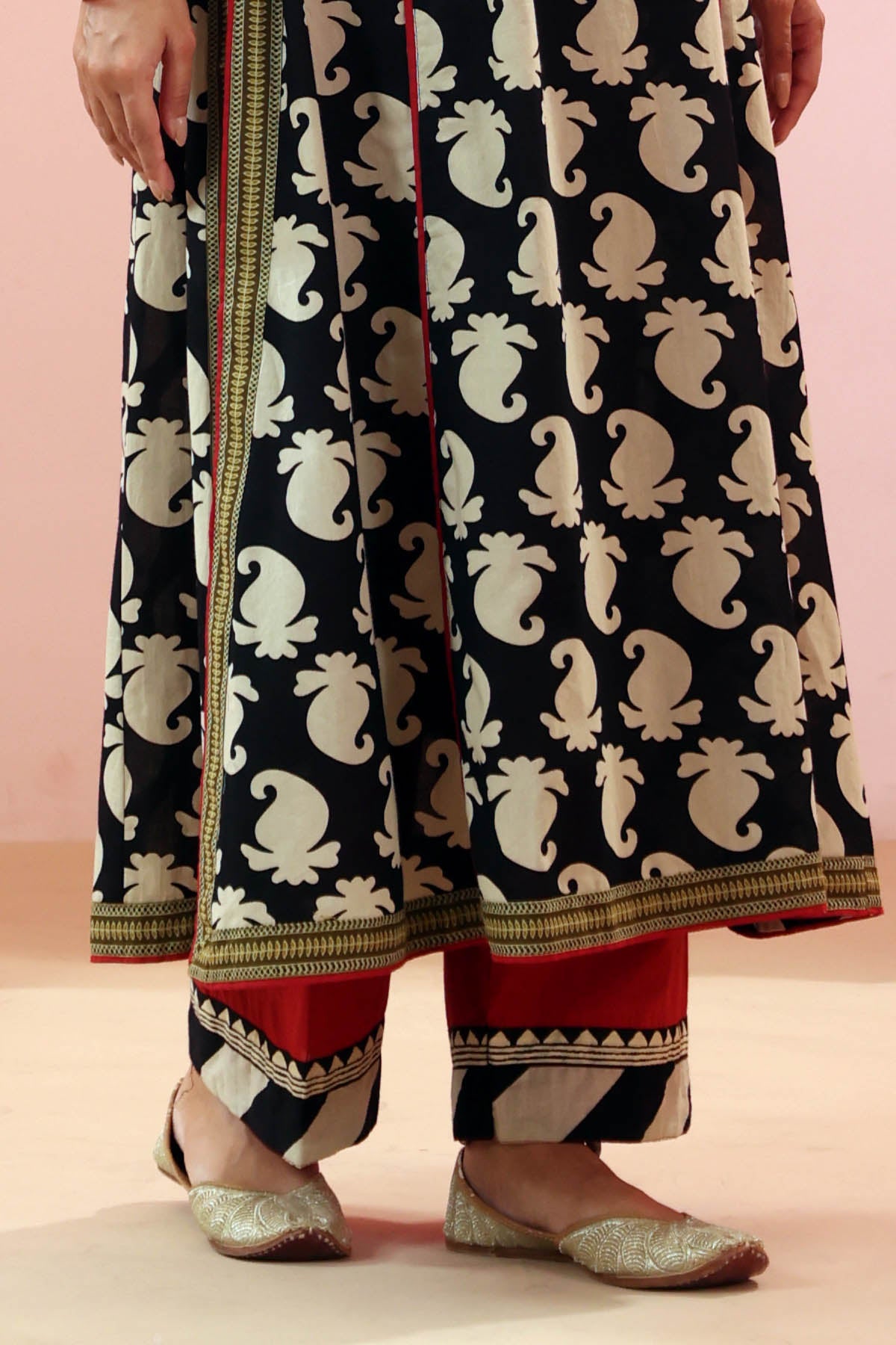 Red Cotton Straight Fit Pants with Striped Border