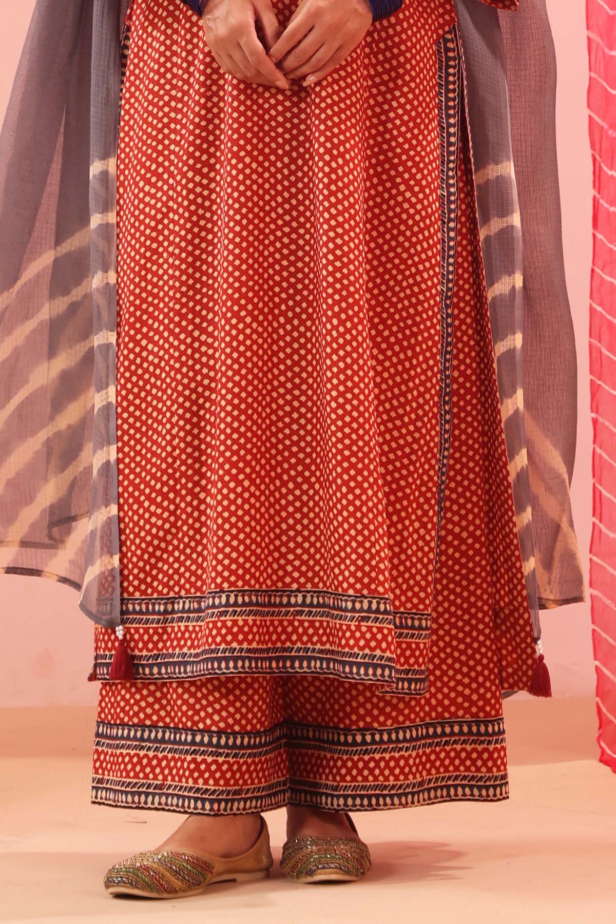 Rust Red Cotton Straight Fit Pants with Printed Border