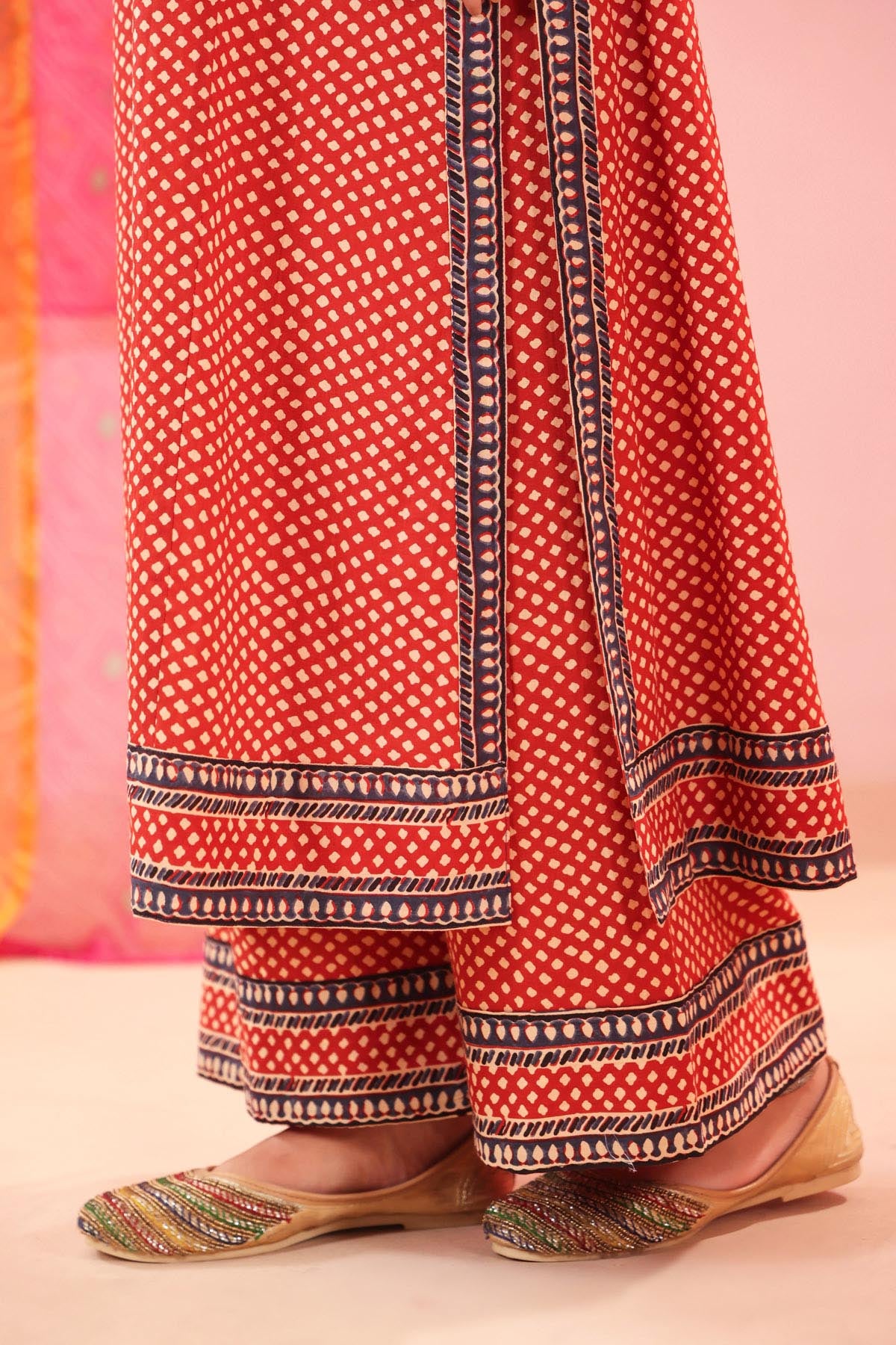 Rust Red Cotton Straight Fit Pants with Printed Border