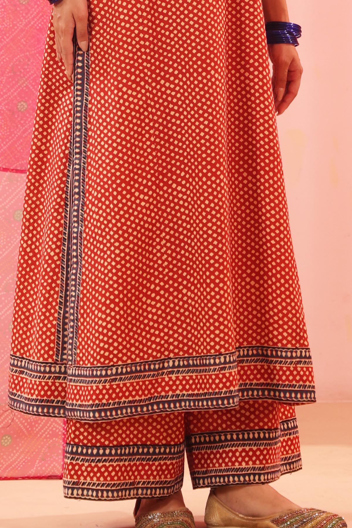 Rust Red Cotton Straight Fit Pants with Printed Border