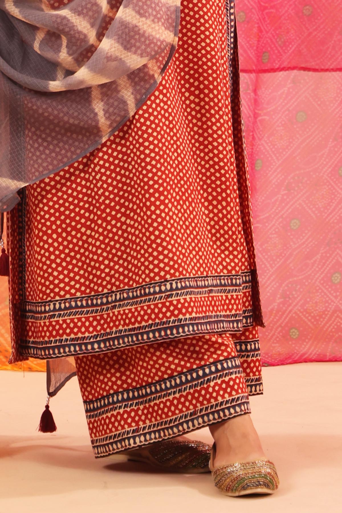 Rust Red Cotton Straight Fit Pants with Printed Border