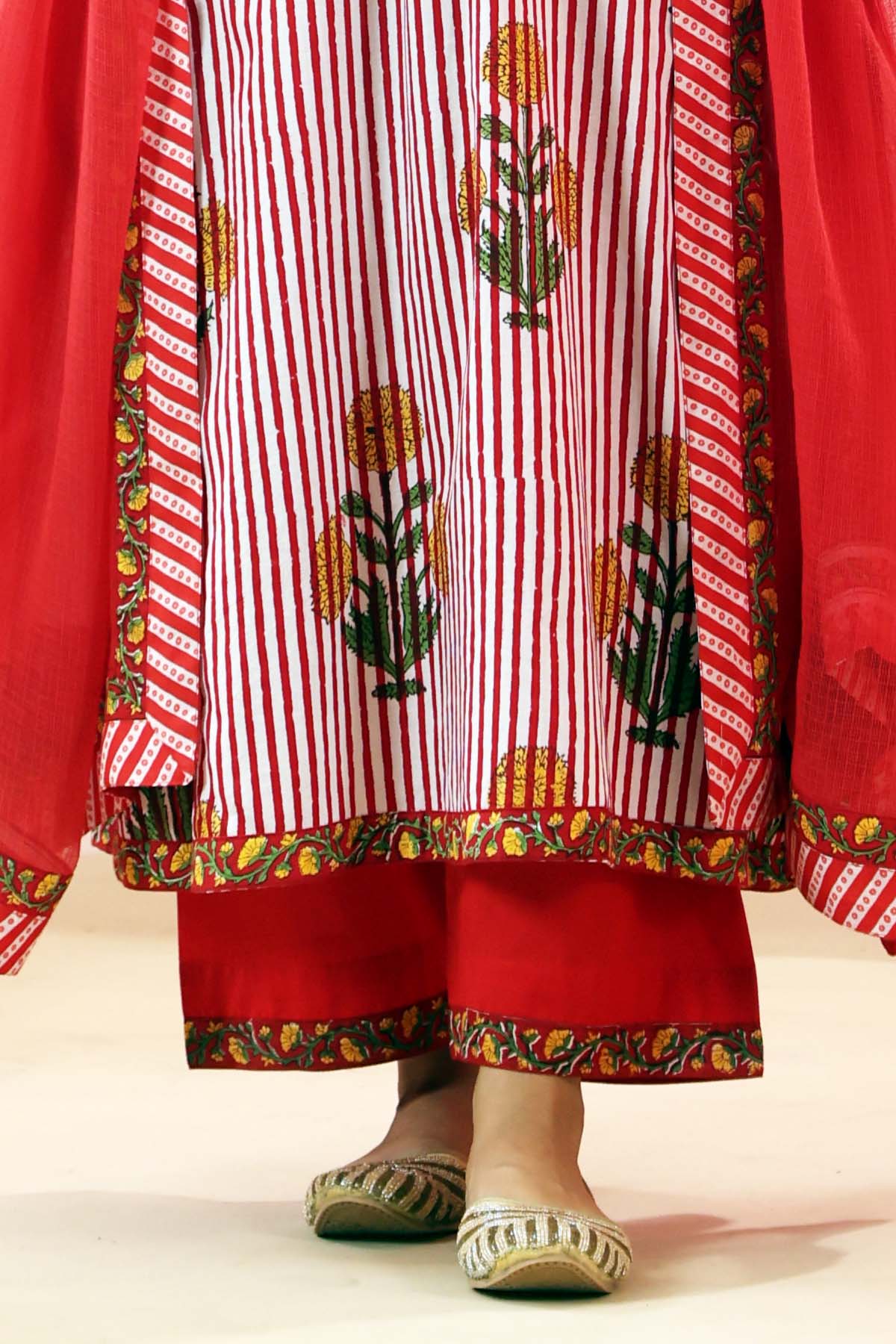 Red Cotton Straight Fit Pants with Floral Border