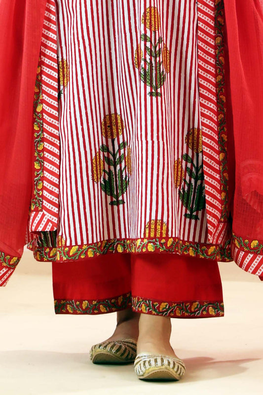 Red Cotton Straight Fit Pants with Floral Border