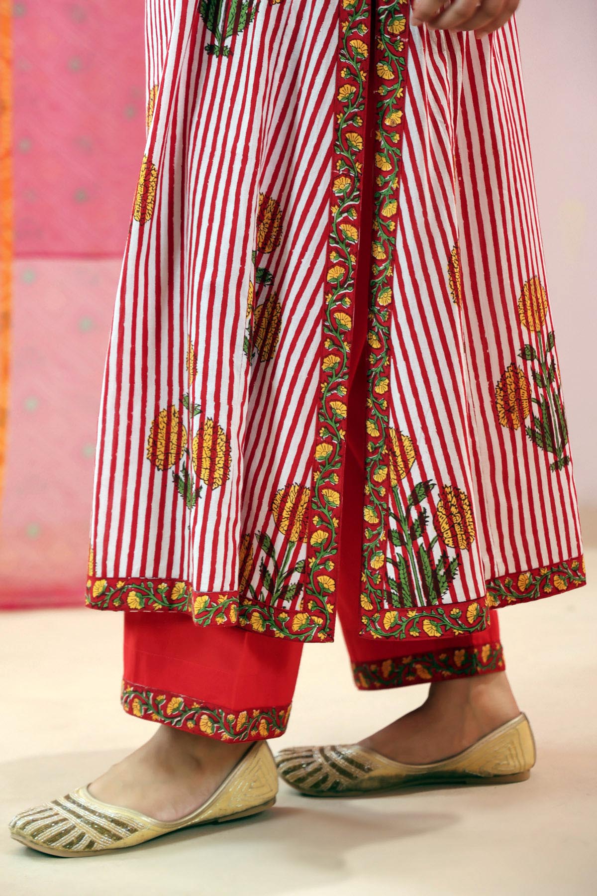 Red Cotton Straight Fit Pants with Floral Border