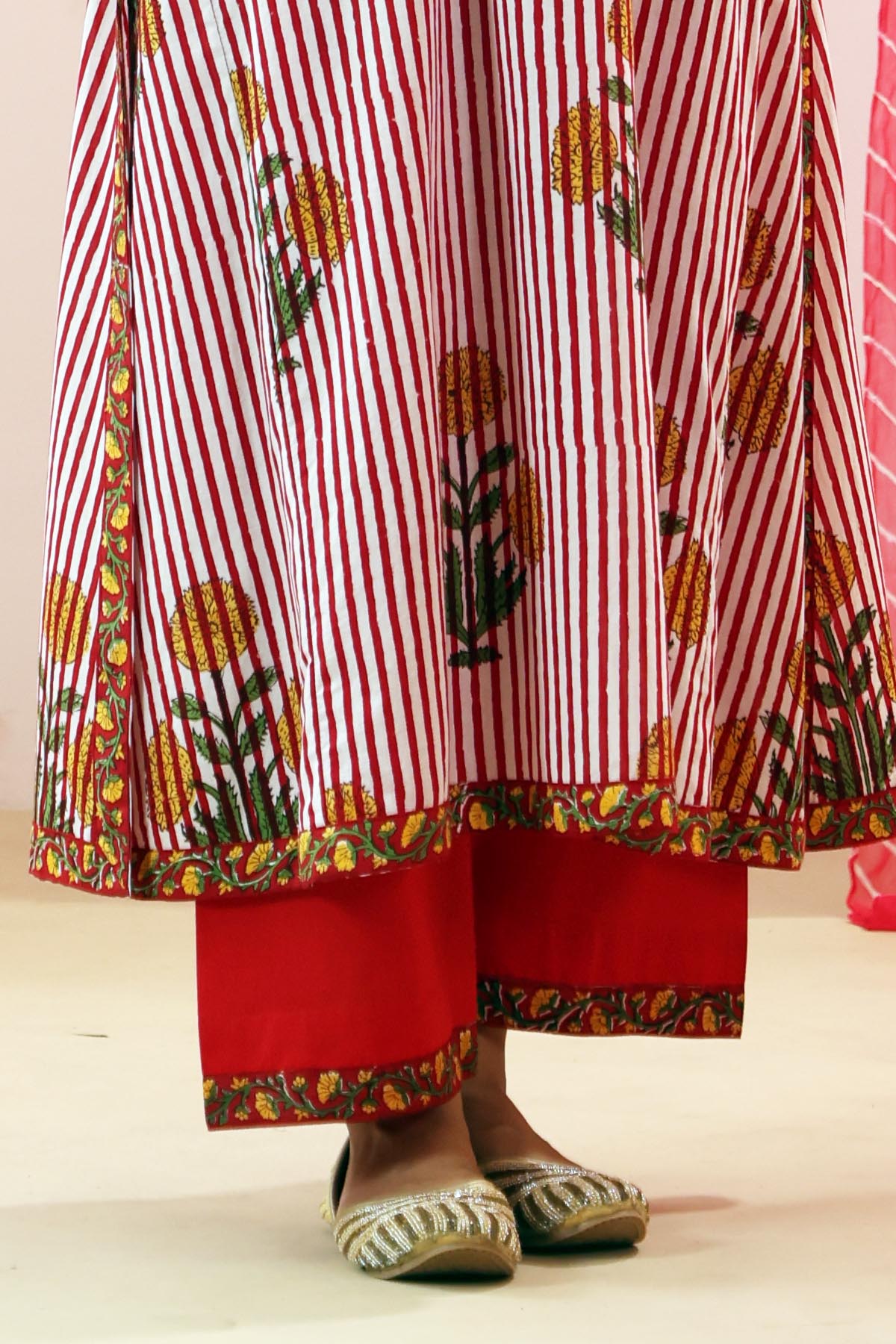 Red Cotton Straight Fit Pants with Floral Border