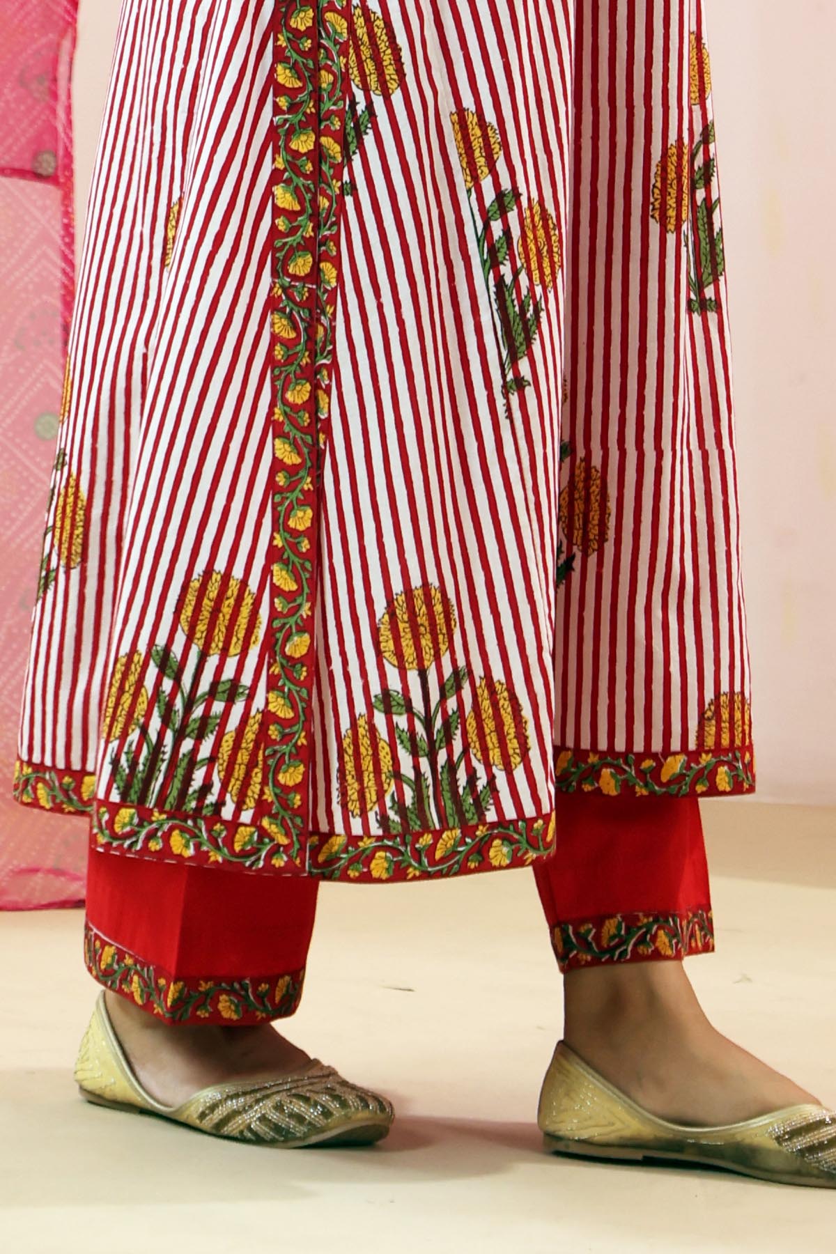 Red Cotton Straight Fit Pants with Floral Border