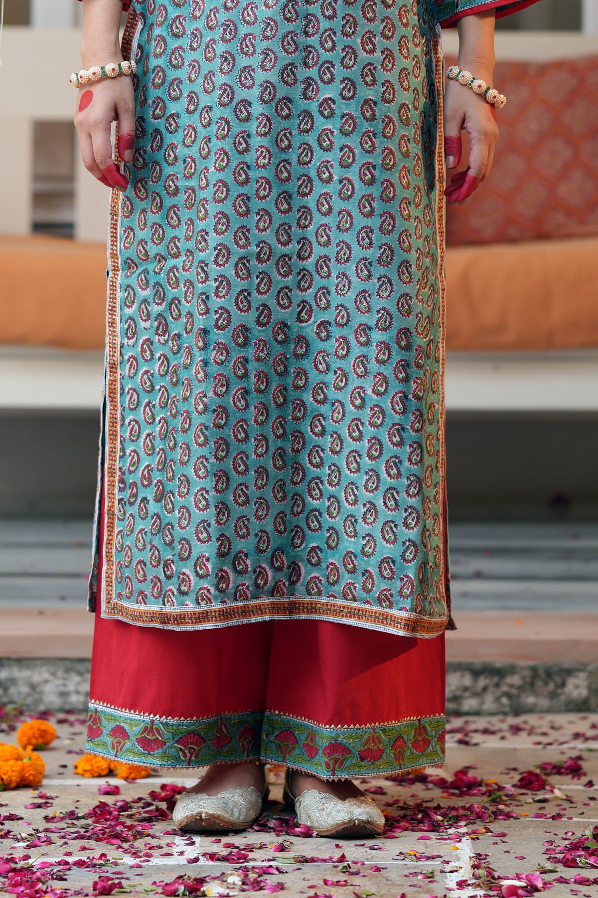 Red Cotton Straight Fit Pants with Borders