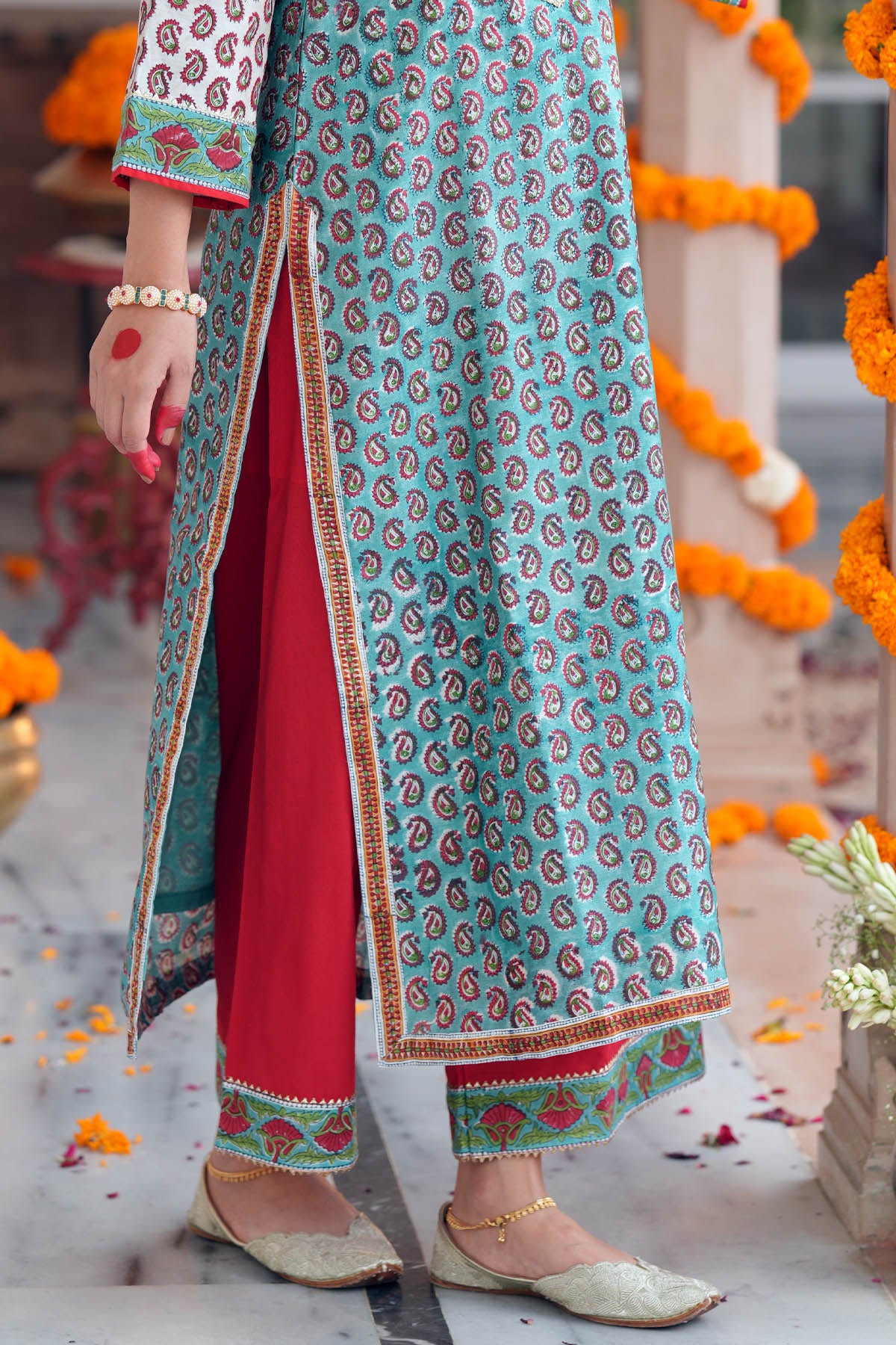 Red Cotton Straight Fit Pants with Borders