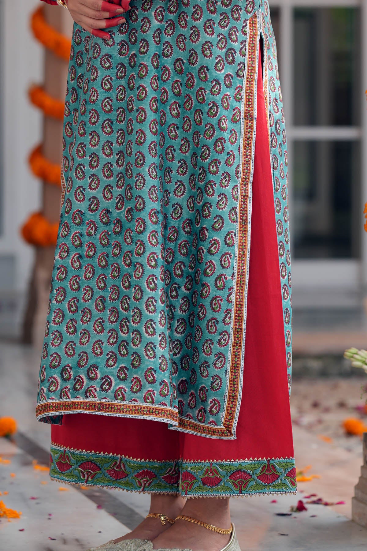 Red Cotton Straight Fit Pants with Borders