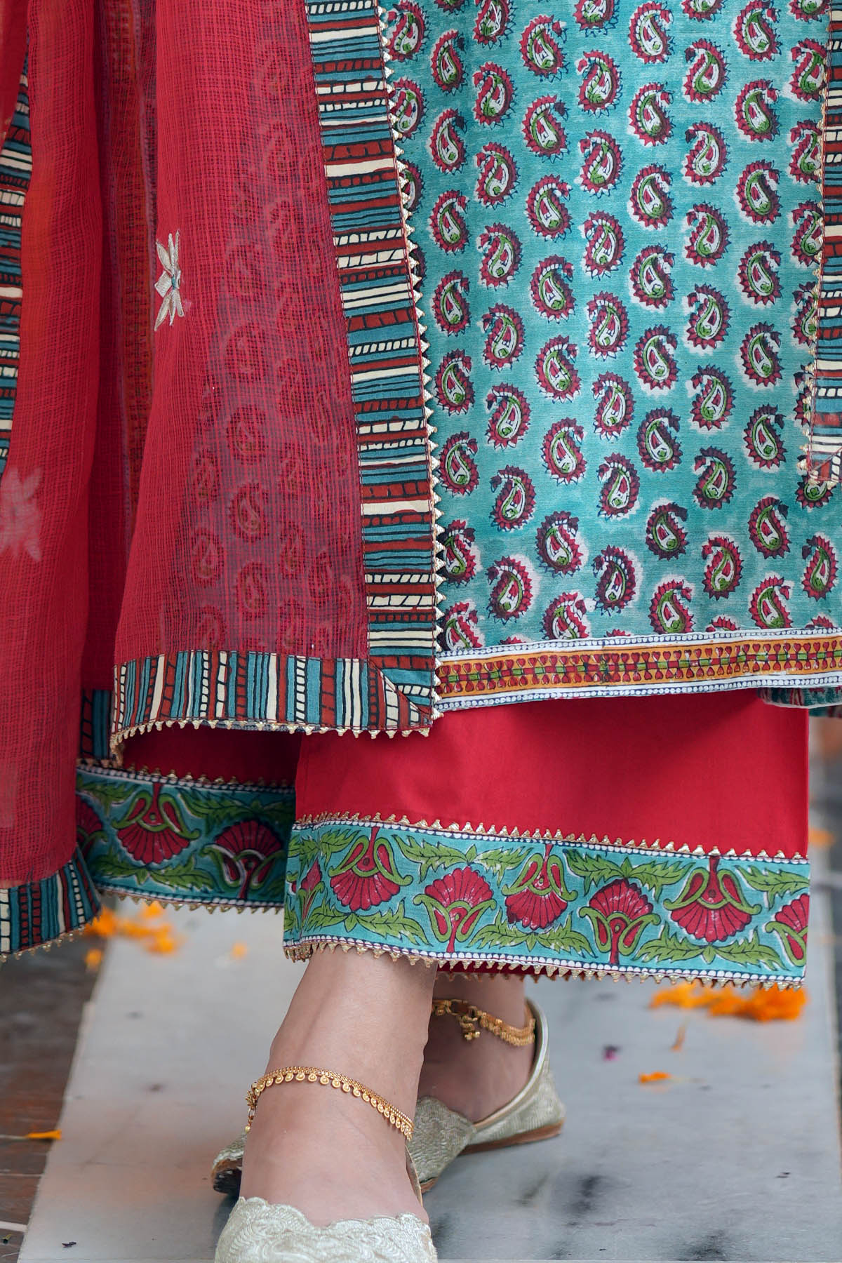 Red Cotton Straight Fit Pants with Borders