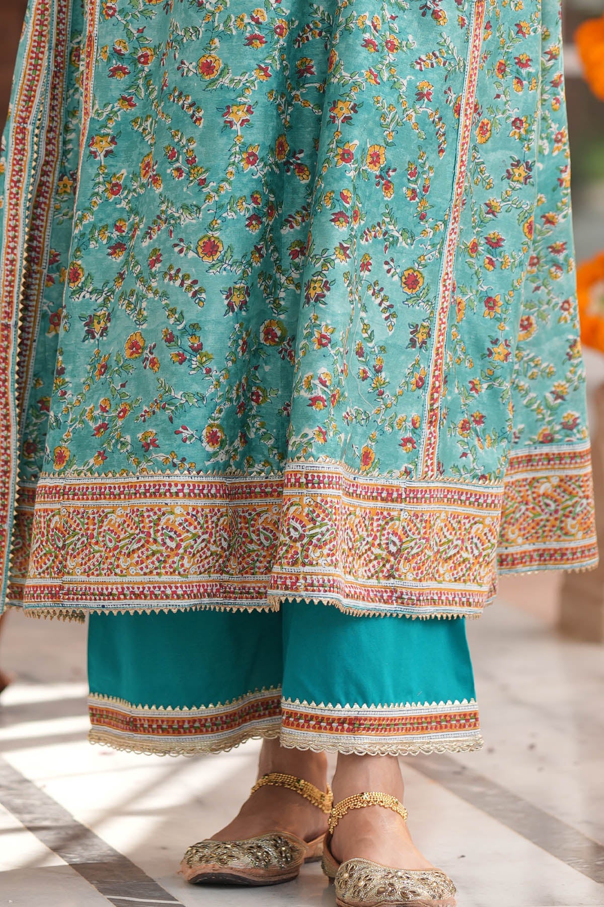 Turquoise Cotton Pant with Borders