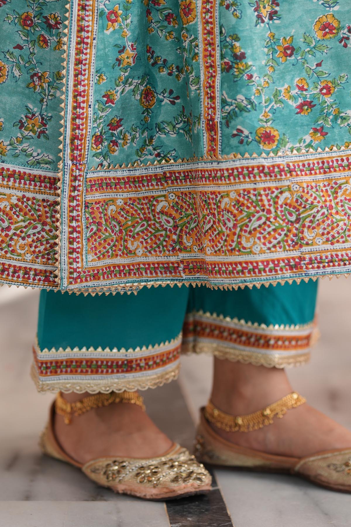 Turquoise Cotton Pant with Borders