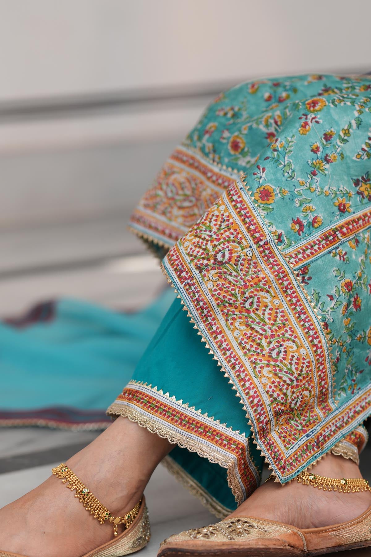 Turquoise Cotton Pant with Borders