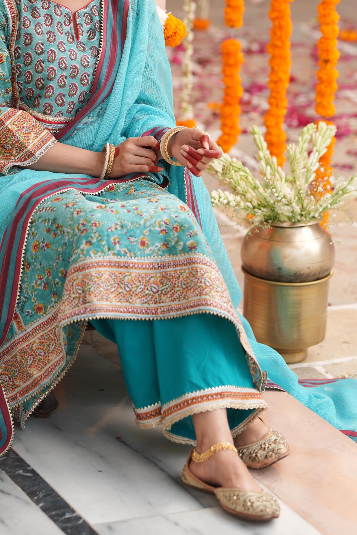 Turquoise Cotton Pant with Borders