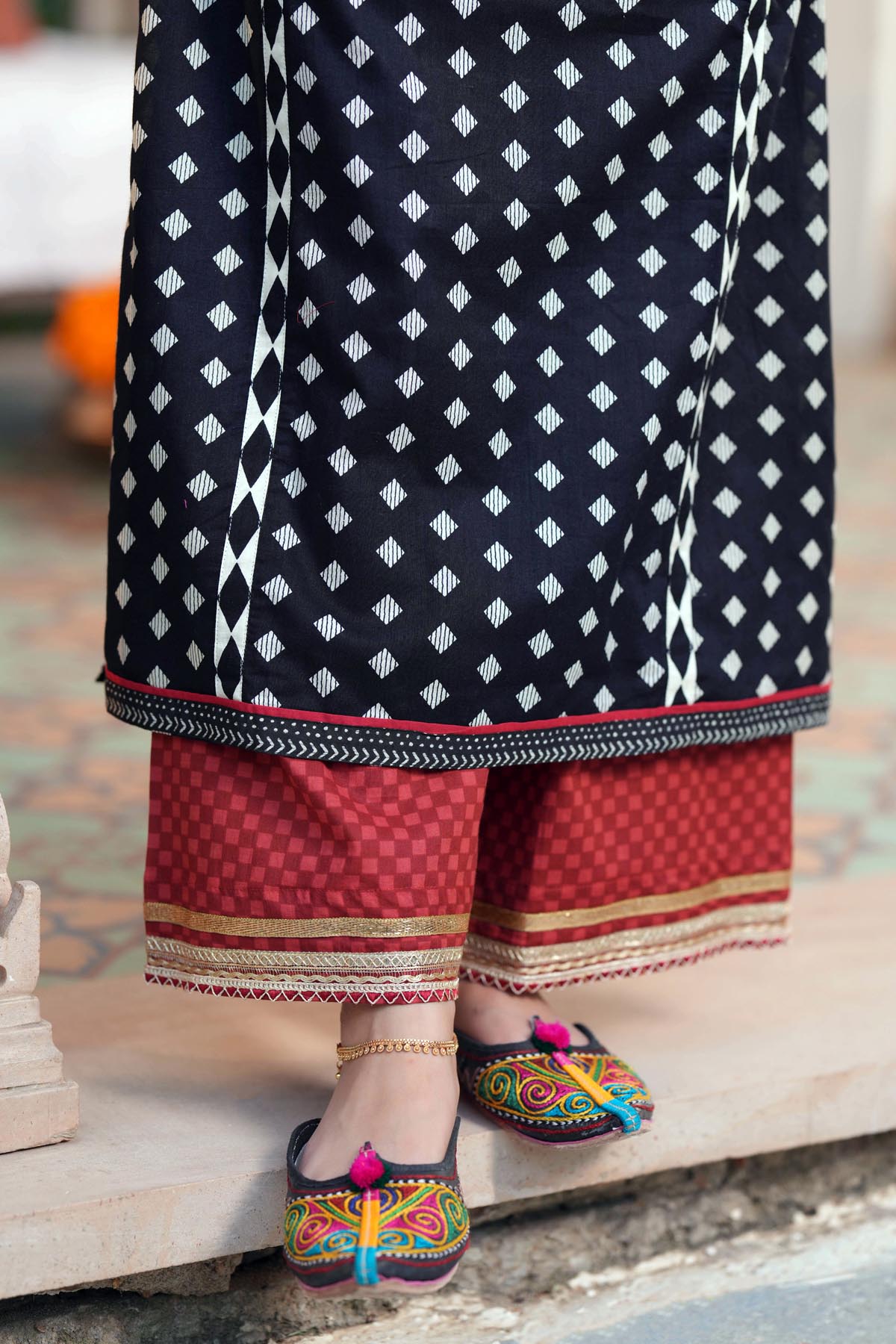 Red Printed Cotton Straight Pant