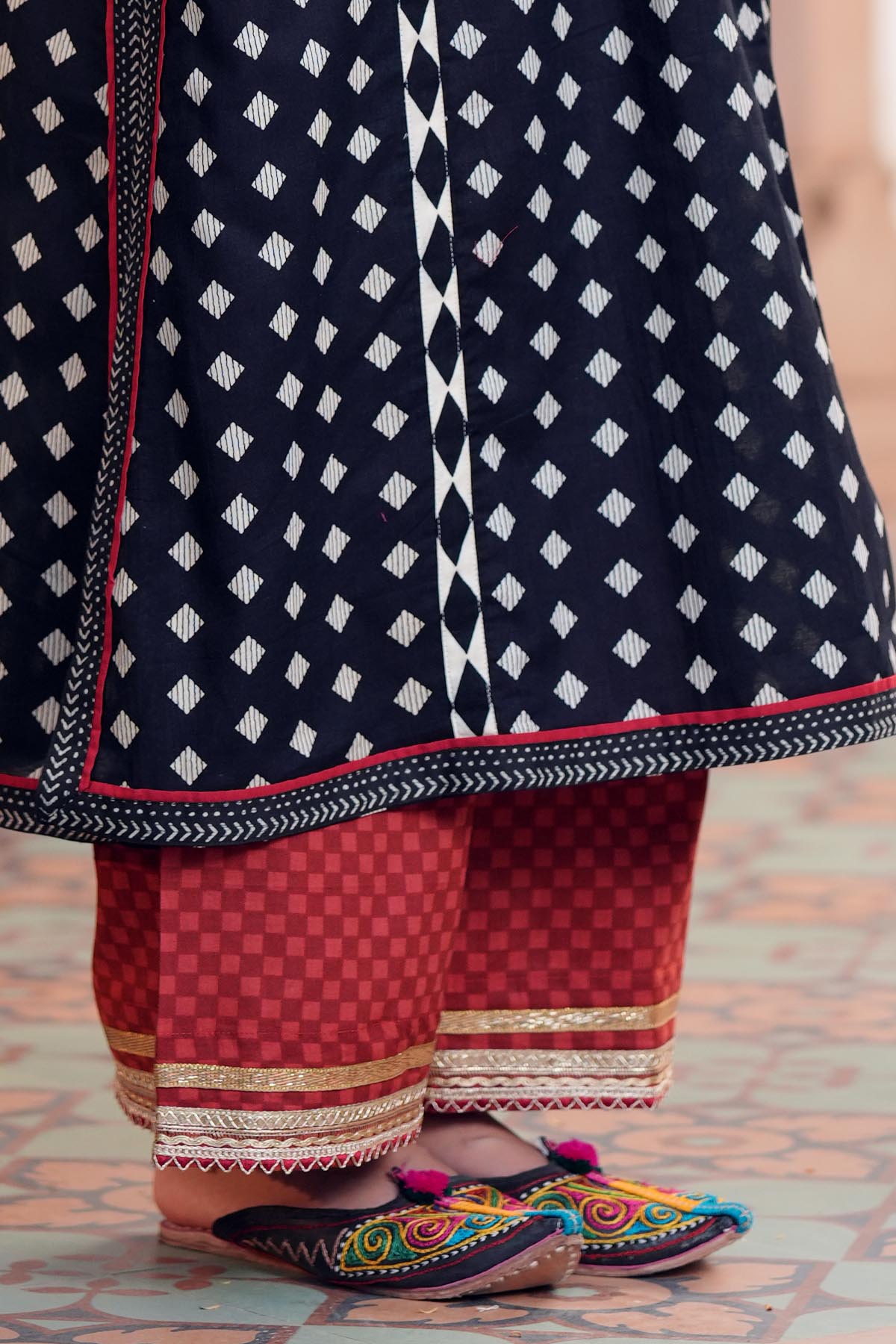 Red Printed Cotton Straight Pant