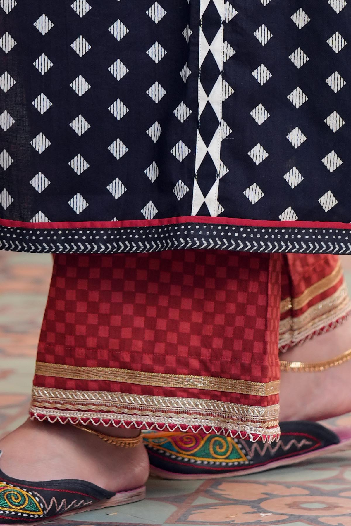 Red Printed Cotton Straight Pant